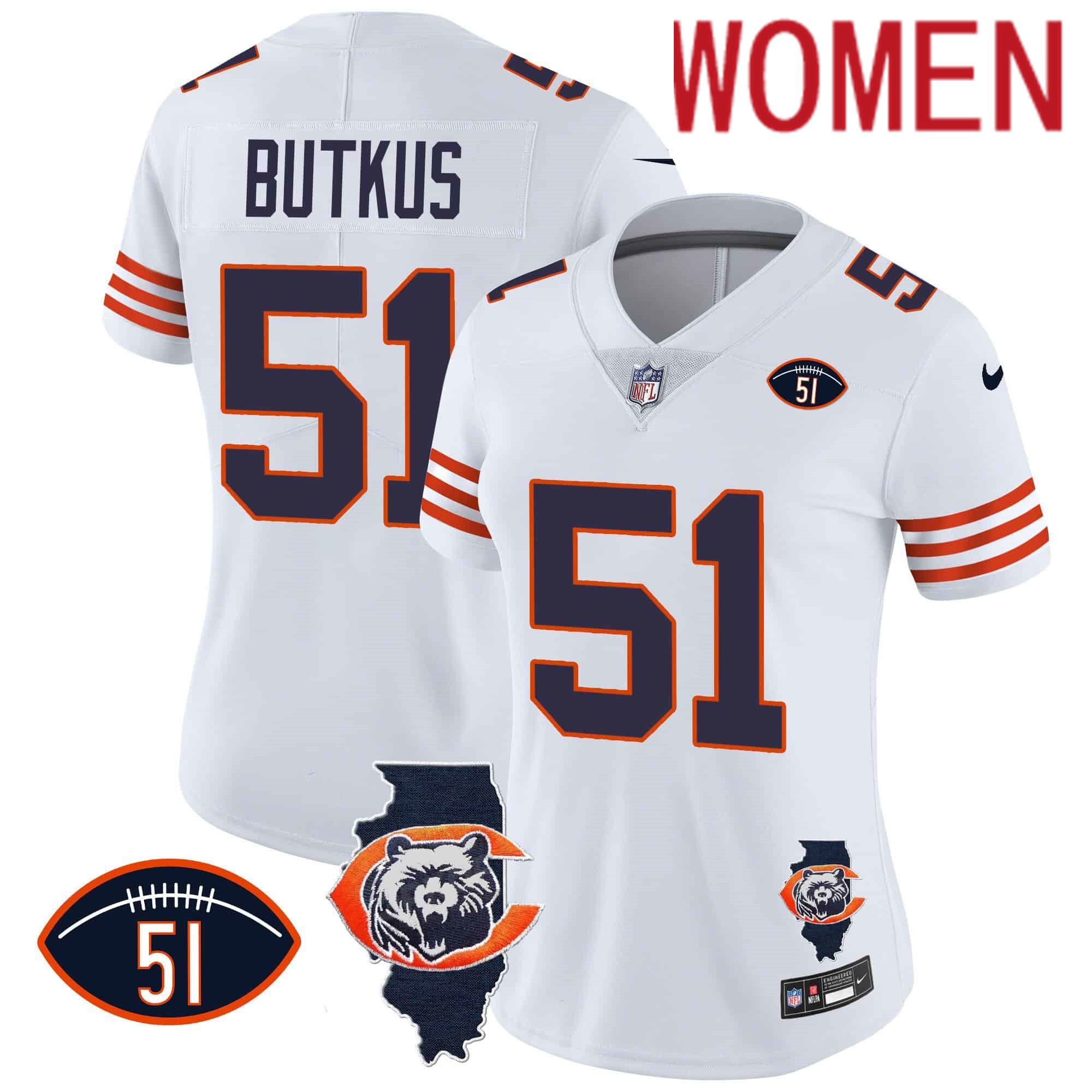 Women Chicago Bears 51 Butkus White 2024 Nike Throwback Illinois Patch Vapor NFL Jersey